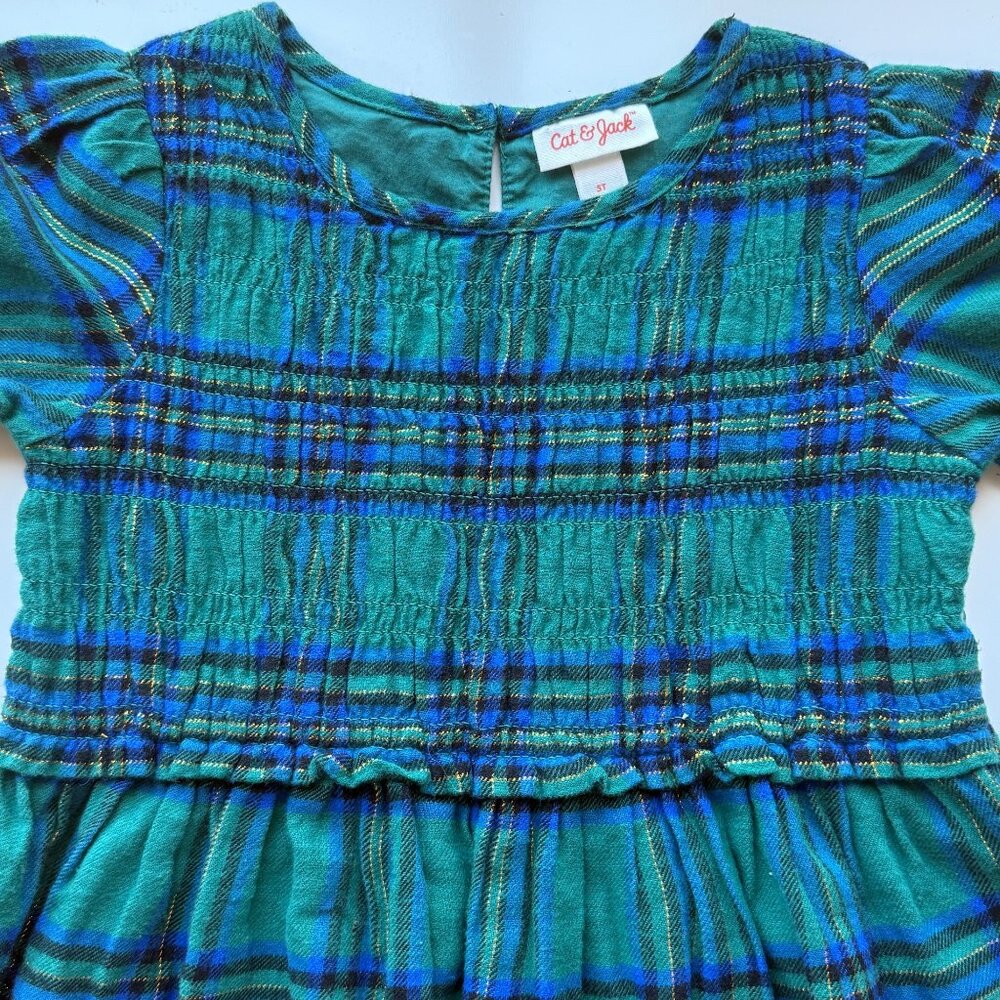 Cat & Jack Green & Blue Plaid Smocked Short Sleeve Dress Girls Size 5T NWOT - Picture 3 of 8